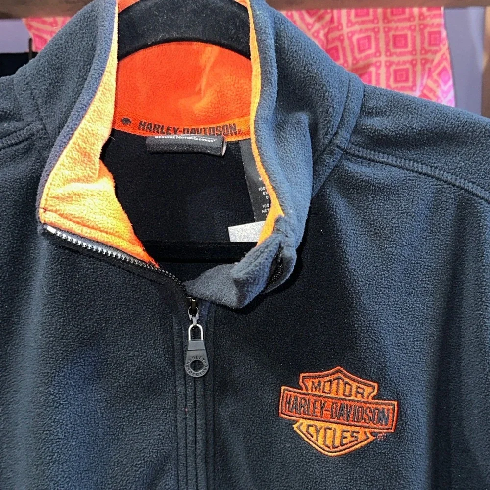 Harley Davidson Mens Quarter Zip Fleece Pullover Black Orange Logo Size Medium